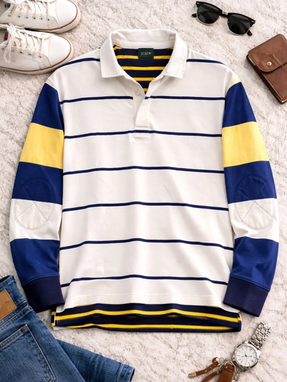J.Crew Rugby Shirt Men’s Large Striped Navy Yellow Preppy Cotton
